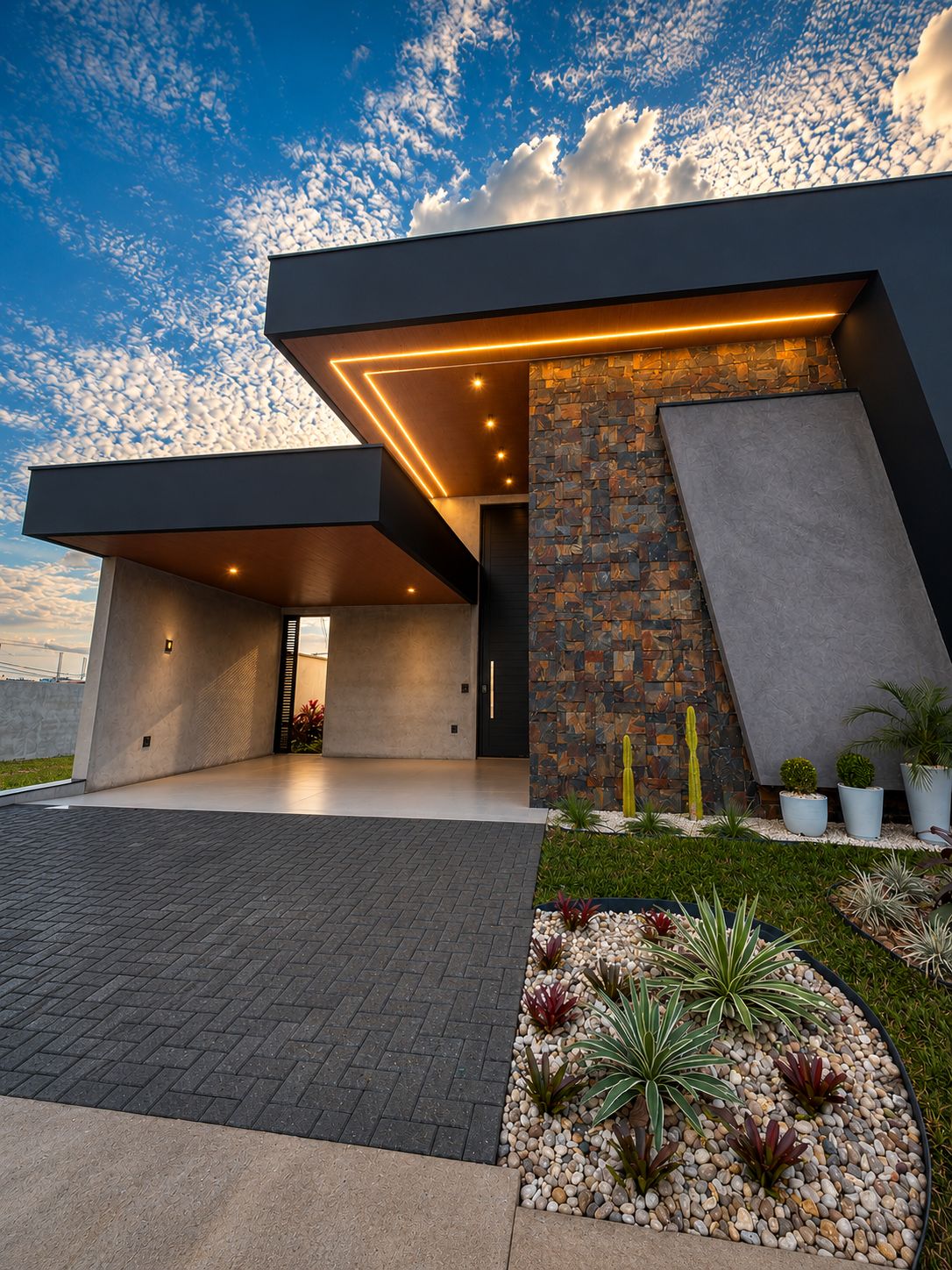 Fachada residencial com beirais revestidos em PVC madeirado Extrusul