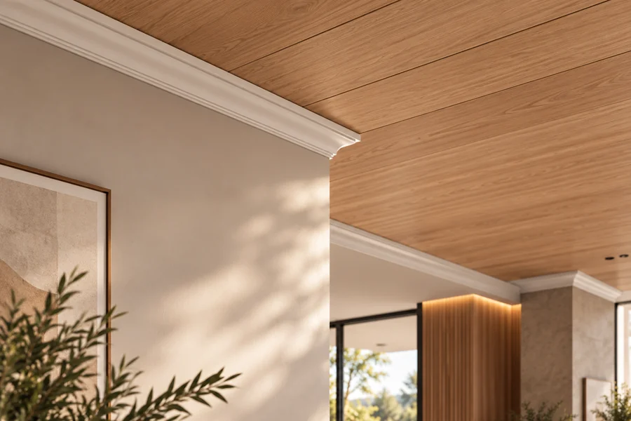 Detalle de una moldura blanca y un cielorraso de madera