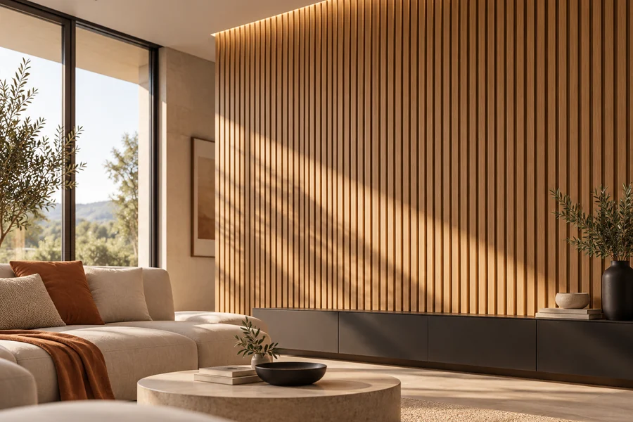 Living con una pared revestida en listones verticales de madera