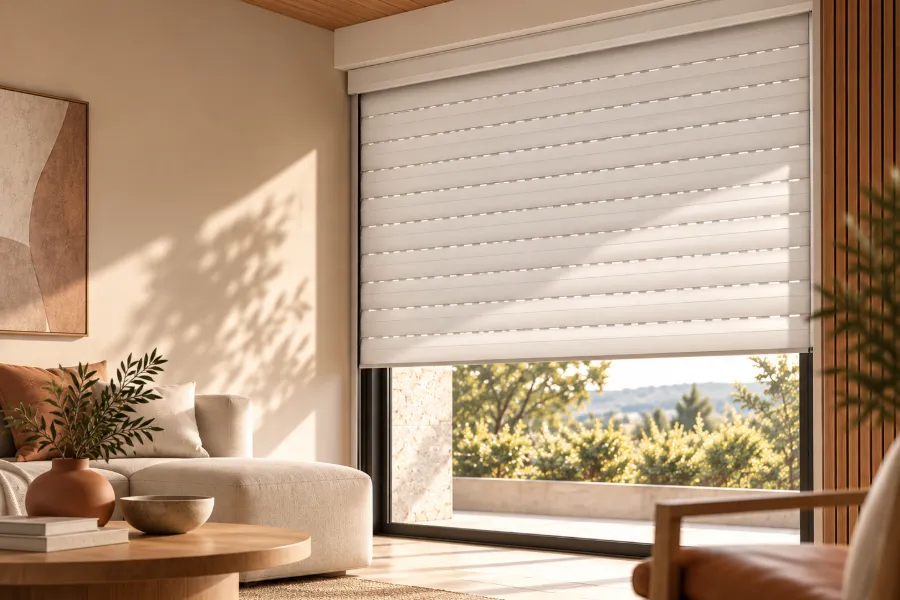 Bright living room with a white roller shutter half-lowered over a large window