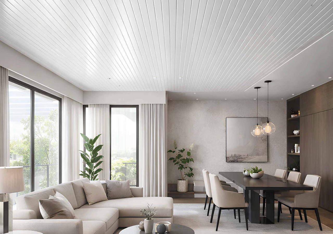 Bright living and dining room with a white board ceiling